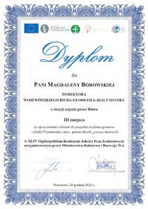 Dyplom Pani Magdaleny Borowskiej za zajęcie 3ciego miejsca
